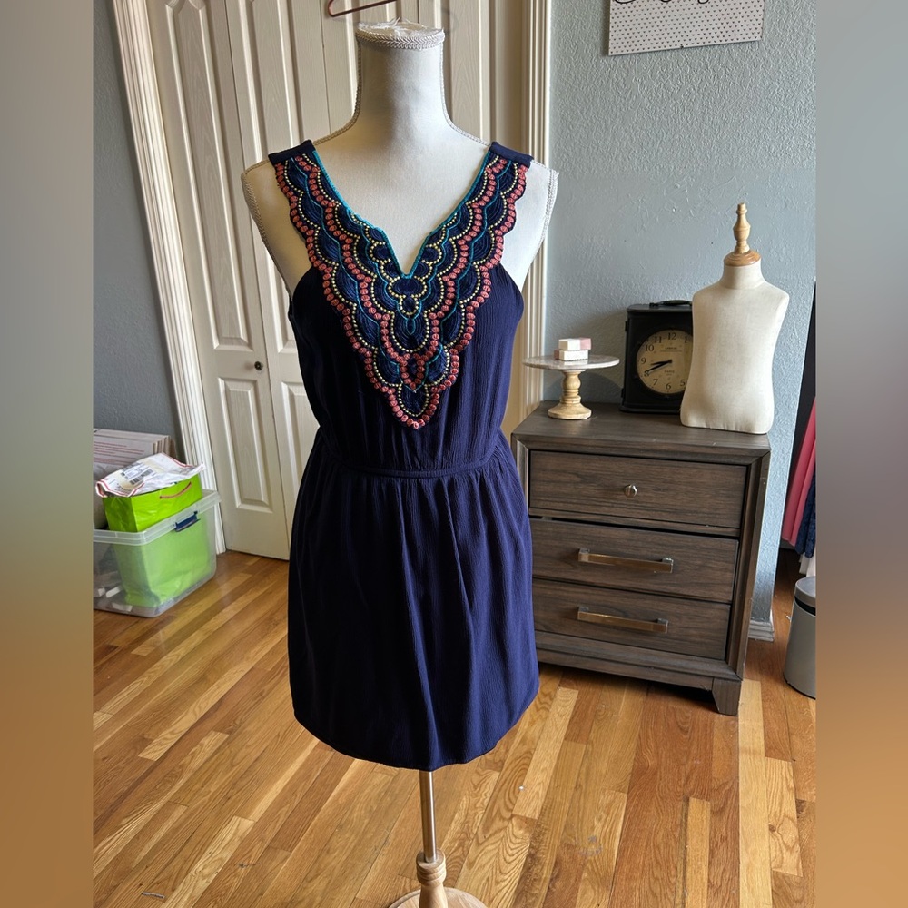 Charlotte Russe Knee Length Navy Dress w Embroidered Neckline in Sz Sm NWOT